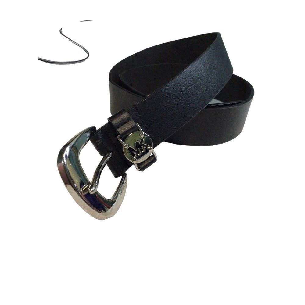 Michael Kors Black Pebbled Leather Belt Silver MK Logo Horseshoe Buckle Mens